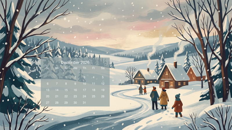 {{ December 2026 calendar 5K Ultra HD PC desktop wallpaper and background: snowy village with cottages, smoke curling from chimneys, family walking on a winding road under falling snow.