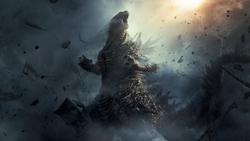 {{ Godzilla Minus Zero towering amid stormy clouds and flying debris, radiant backlight — 4K Ultra HD PC desktop wallpaper and background.