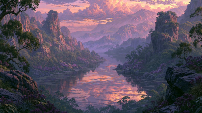 {{ Lush mountain and river landscape at pink-purple sunset, cliffs and forest framing reflective water — 2K Quad HD PC desktop wallpaper and background.