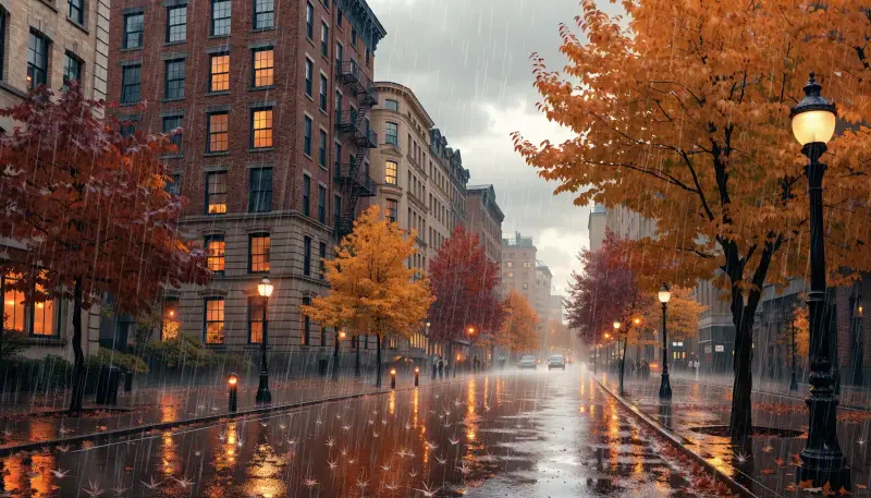 {{ 2K Quad HD PC desktop wallpaper: rainy fall/autumn street scene — wet pavement reflecting orange trees, brick buildings and lampposts under steady rain. 