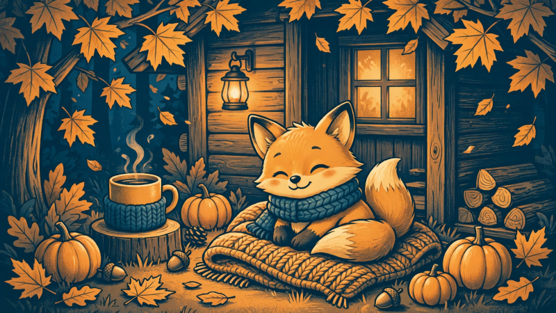 {{ HD PC desktop wallpaper: a cozy fall/autumn scene of a smiling fox in a scarf curled on a blanket outside a wooden cabin, surrounded by pumpkins, fallen leaves and a steaming mug. 