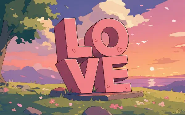 3D pink LOVE letters on a grassy hill at sunset with a tree, wildflowers and distant sea — 4K Ultra HD PC desktop wallpaper/background.