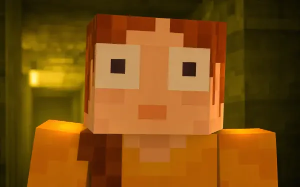 Minecraft 4K Ultra HD PC desktop wallpaper: close-up of a blocky character with brown hair and wide-eyed, surprised expression in a dim, green-tinted corridor.