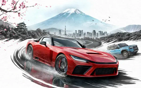 Forza Horizon 6 2K Quad HD PC desktop wallpaper: red sports car drifting on a wet road with a blue off‑roader, cherry blossoms, city skyline and a snow‑capped mountain backdrop.