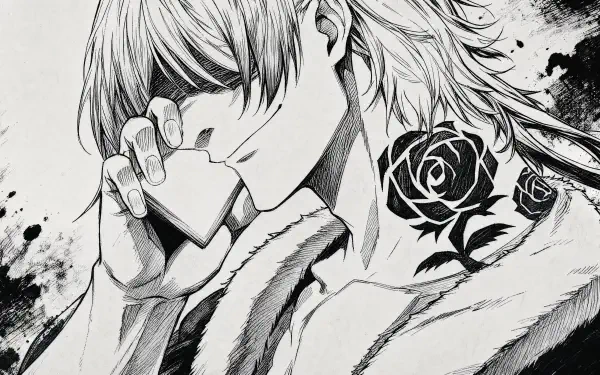 Black-and-white manga-style portrait by Miachael Kaiser: long-haired man holding a phone, dark rose tattoo on his neck, ink-splatter background — 4K Ultra HD PC desktop wallpaper.