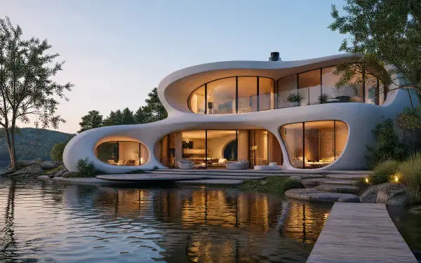 4K Ultra HD PC desktop wallpaper of a modern curving lake house with warm interior lights reflected on calm water at dusk.