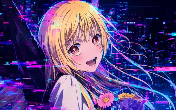 Mei Kinosaki anime character smiling with flowing blonde hair and flowers against a neon glitch city — 4K Ultra HD PC desktop wallpaper and background.