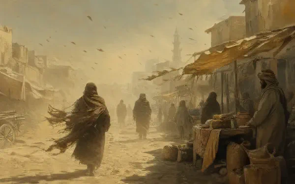 Dusty street market with robed figures, fabric stalls and scattered birds beneath a hazy sky — atmospheric 4K Ultra HD PC desktop wallpaper and background.