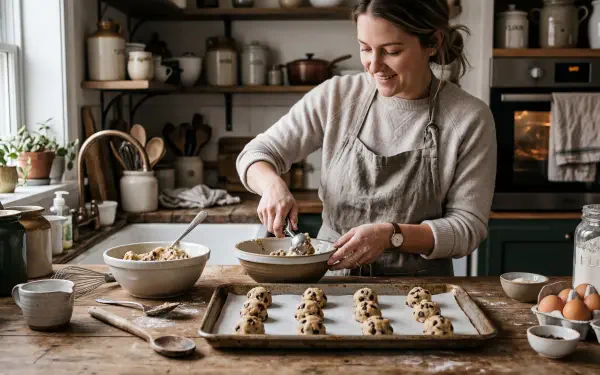 5K Ultra HD PC desktop wallpaper: woman joyfully baking cookies in a rustic kitchen, scooping dough onto a tray with ingredients on a wooden countertop.