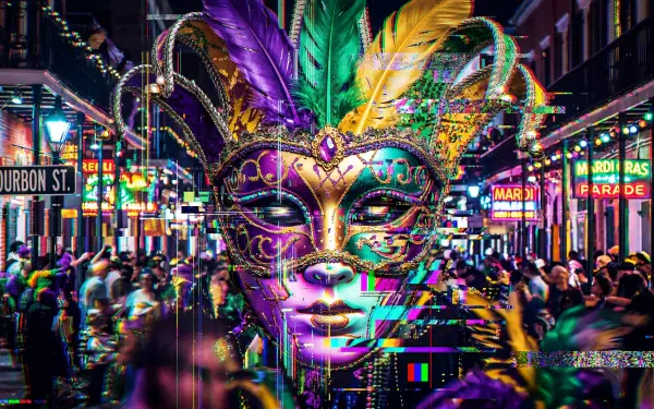 Vibrant Mardi Gras mask with purple, green and gold feathers superimposed over a lively Bourbon Street parade — 5K Ultra HD PC desktop wallpaper and background.