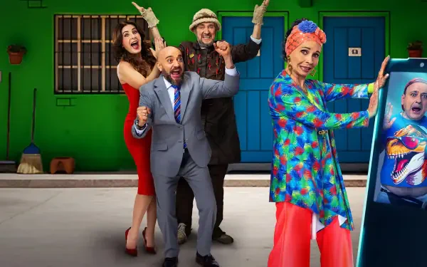 Vecinos: colorful cast posing cheerfully outside a green apartment door — 4K Ultra HD PC desktop wallpaper and background.