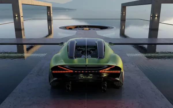Rear view of a green Bugatti Brouillard sports car on a reflective wet plaza with modern architectural frames and distant water, 4K Ultra HD PC desktop wallpaper and background.