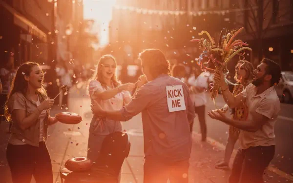 Warm sunset street prank: friends laugh and shower a person wearing a KICK ME sign with confetti — April Fools Day, 4K Ultra HD PC desktop wallpaper and background.