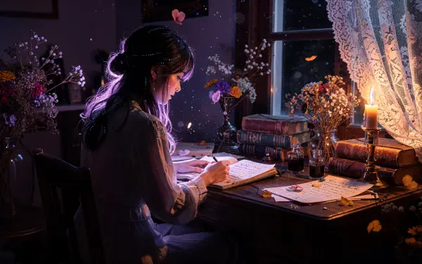 Poetcore 4K Ultra HD PC desktop wallpaper: a writer at a candlelit desk, penning verses among books, dried flowers and moonlight through lace curtains.