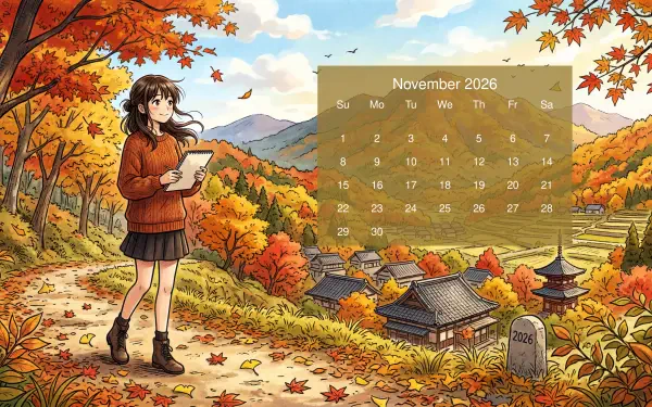 Anime autumn landscape with a girl and village, November 2026 calendar overlay — 5K Ultra HD PC desktop wallpaper and background.