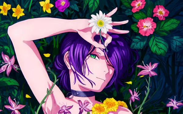 Reze from Chainsaw Man reclining among vibrant flowers, purple hair and green eyes, holding a white daisy to her face — 4K Ultra HD anime waifu desktop wallpaper with floral aesthetic.