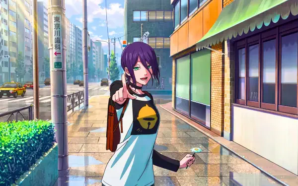 Sunlit 5K Ultra HD PC wallpaper: Reze (Chainsaw Man), purple-haired anime waifu smiling and pointing on a bright city sidewalk.