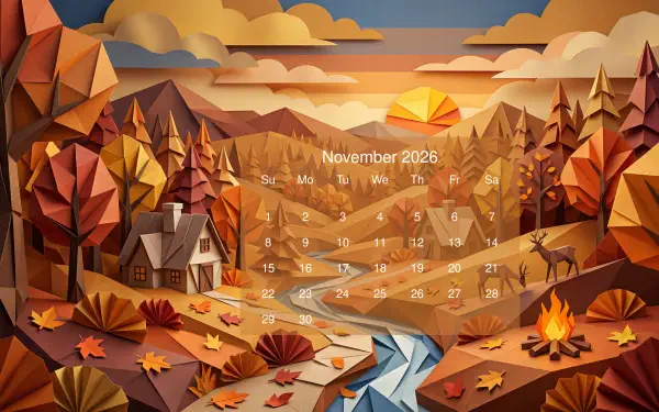 Paper-cut autumn landscape with cabin, river, deer and campfire overlaid by a November 2026 calendar — 5K Ultra HD PC desktop wallpaper/background.
