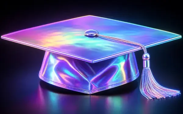 Iridescent holographic graduation cap with tassel glowing in neon colors on a reflective surface - 4K Ultra HD PC desktop wallpaper and background.