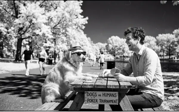 Humor: black-and-white 5K Ultra HD PC desktop wallpaper of a man and a dog playing cards at a park picnic table labeled Dogs vs Humans Poker Tournament.