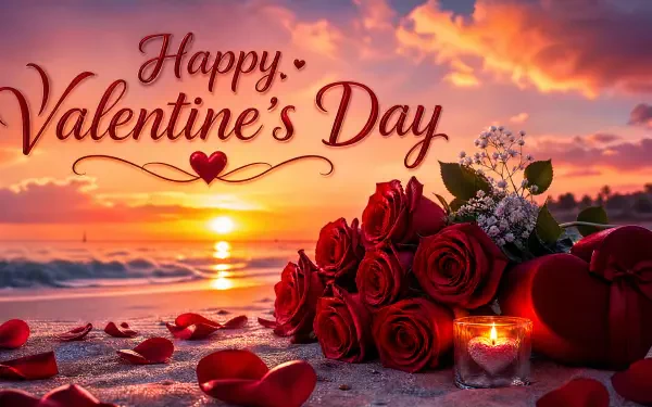 Happy Valentine's Day 4K Ultra HD PC desktop wallpaper and background: red roses, candle and heart box on a sunset beach, script greeting and scattered rose petals.