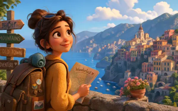 Animated young traveler with backpack holds a Wanderlust map, gazing over a sunlit coastal village and mountains — 4K Ultra HD PC desktop wallpaper and background.