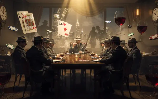 Cinematic mafia meeting: suited mobsters in fedoras around a dim, cigar-lit table with floating playing cards and wine — 4K Ultra HD PC desktop wallpaper and background.