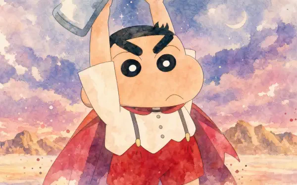 Crayon Shin-chan in watercolor style, wearing a red cape and shorts, arms raised against a pastel sunset landscape — 4K Ultra HD PC desktop wallpaper and background.