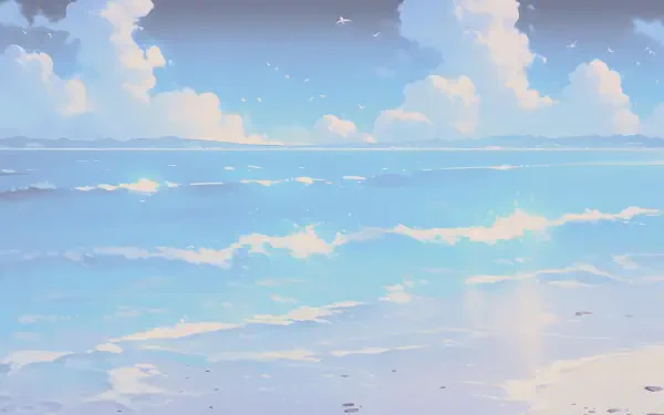 Digital painting illustration artwork landscape — 4K Ultra HD PC desktop wallpaper and background of a pastel seascape with gentle waves, reflective shore and fluffy clouds.