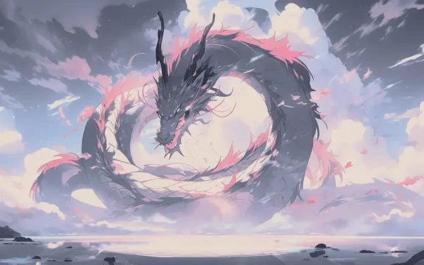 Digital art 5K Ultra HD digital painting illustration: a serpentine dragon coils above a pastel sea and cloudscape — landscape artwork PC desktop wallpaper.