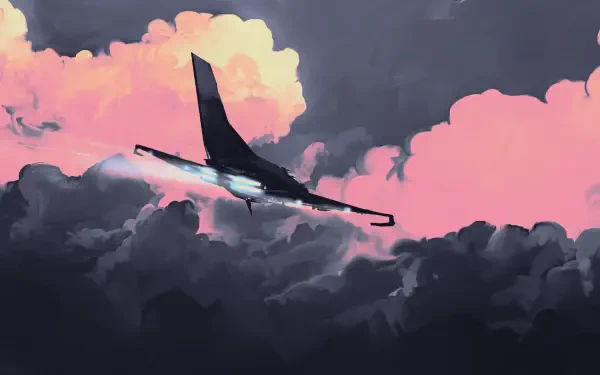 Digital art, digital painting, illustration: jet silhouette soars through pink and gray clouds, moody landscape artwork — HD PC desktop wallpaper/background.