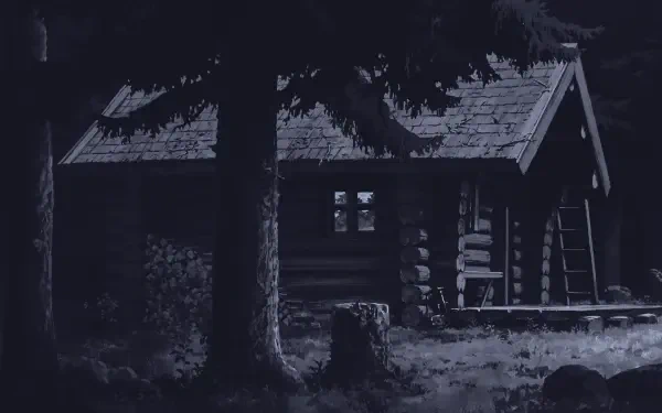 Digital Art — dark blue-toned digital painting illustration of a rustic log cabin beneath tall pines, moody landscape artwork; HD PC desktop wallpaper/background.