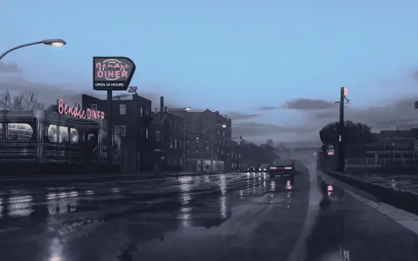 4K Ultra HD Digital Art digital painting illustration: moody urban landscape at dusk — wet reflective street, neon diner sign, cars and buildings under a cloudy sky; PC desktop wallpaper artwork.