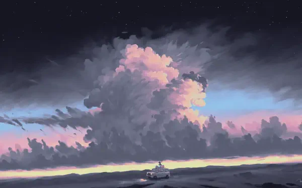 Digital Art digital painting illustration artwork — HD PC desktop wallpaper and background: a moody sunset landscape with towering pink-lit clouds over a calm sea and a lone boat on the horizon.