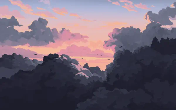 Digital painting landscape artwork: 4K Ultra HD PC desktop wallpaper illustration of layered clouds and a silhouetted treeline at sunset.