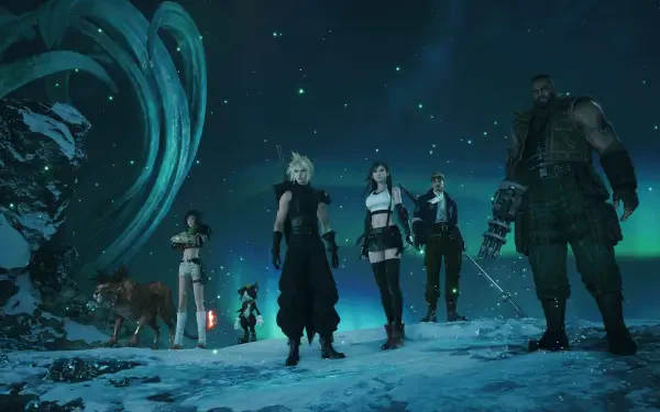 4K Ultra HD PC desktop wallpaper from the video game Final Fantasy VII Revelation: Cloud Strife, Tifa, Barret and companions stand on a snowy ridge beneath an aurora-lit night sky.