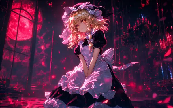 4K Ultra HD desktop wallpaper of Remilia Scarlet from Touhou Koumakyou: New Classic, The Embodiment of Scarlet Devil — a gothic maid in frilled dress bathed in crimson moonlight and chandeliers