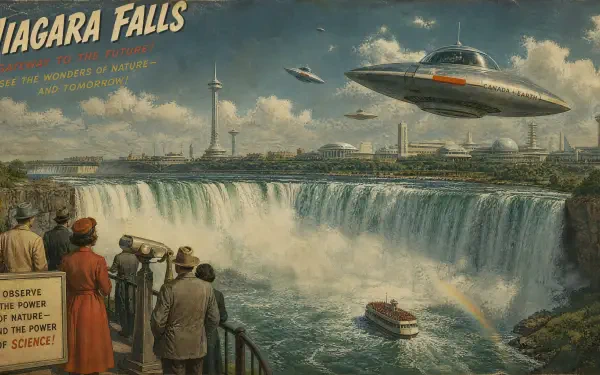 Niagara Falls in a retro‑futuristic 4K Ultra HD PC desktop wallpaper and background: roaring cascades, a tour boat, onlookers at the rail, and flying saucers above the skyline.