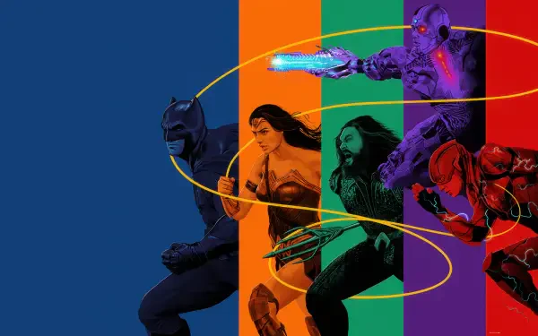 Zack Snyder's Justice League 4K Ultra HD PC desktop wallpaper: stylized silhouettes of Batman, Wonder Woman, Aquaman, Cyborg and Flash across colorful vertical panels.