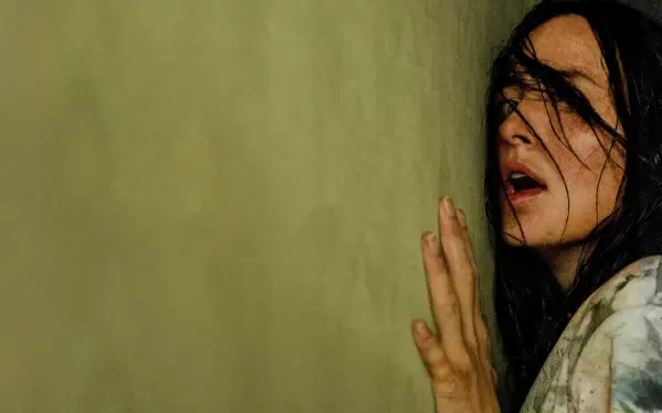 Backrooms 4K Ultra HD PC desktop wallpaper and background: woman with wet dark hair pressed to a grimy yellow wall, hand splayed, eyes wide in a dim, claustrophobic corridor.
