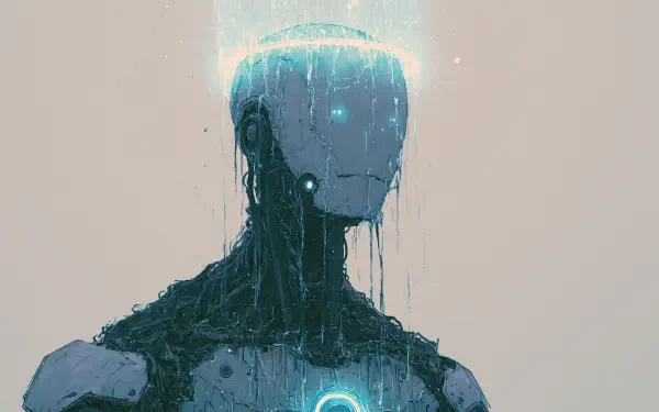 Sci-fi robot portrait with dripping circuitry and a glowing chest core, moody palette — 2K Quad HD PC desktop wallpaper and background.