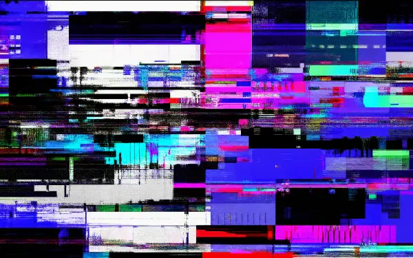 Glitchcore 4K Ultra HD PC desktop wallpaper and background: neon pink, cyan, blue and black digital distortion - fragmented pixel bands, static blocks and horizontal scan lines.