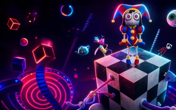 4K Ultra HD PC desktop wallpaper of The Amazing Digital Circus: neon jester puppet atop a floating black-and-white checker cube, surrounded by glowing geometric shapes and swirling neon orbs.