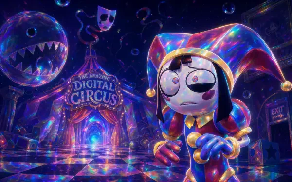 The Amazing Digital Circus 4K Ultra HD PC desktop wallpaper shows a holographic jester character in a neon carnival hall with floating orbs, masks and a checkerboard floor.