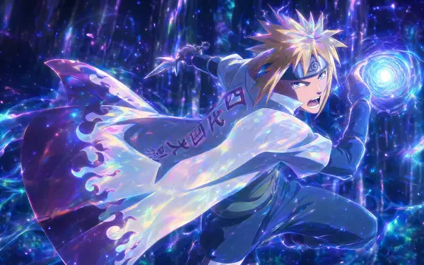 Minato Namikaze charging a glowing blue Rasengan, Hokage cloak fluttering against a cosmic neon-lit backdrop — 4K Ultra HD PC desktop wallpaper and background.