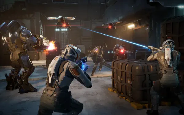 Exodus (2027 Video Game) 4K Ultra HD PC desktop wallpaper: armored soldiers exchange laser fire with hovering drones inside a dim industrial hangar, sparks and crates litter the battlefield.