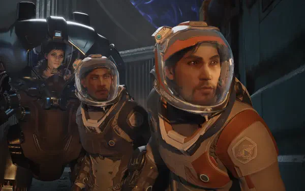 4K Ultra HD PC desktop wallpaper/background from the video game Exodus (2027): three astronauts in helmets and suits stand inside a dim, high-tech spacecraft, faces lit by console glow.