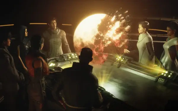 Exodus (2027) video game 4K Ultra HD PC desktop wallpaper/background: bridge crew gathers around a glowing holographic star map, silhouetted commander in the foreground.