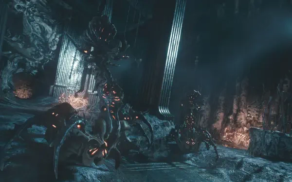 4K Ultra HD PC desktop wallpaper/background from the video game Soulframe: a dark cavern lit in teal with glowing, spider-like mechanical enemies prowling among ancient pillars.