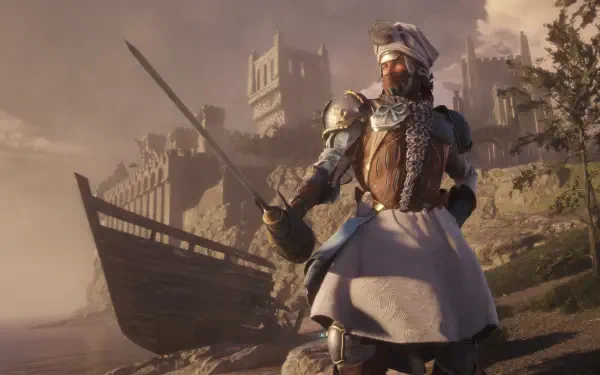 Soulframe video game 4K Ultra HD PC desktop wallpaper/background: armored, turbaned warrior with sword stands on a misty shore before a beached longship and crumbling castle at dawn.